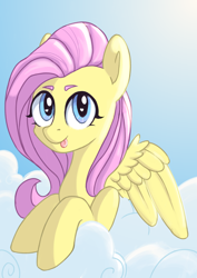 Size: 2480x3508 | Tagged: safe, artist:angelinarichter, fluttershy, pegasus, pony, g4, :p, bust, cloud, cute, female, high res, mare, mlem, on a cloud, shyabetes, silly, sky, solo, sun, tongue out