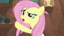 Size: 1920x1080 | Tagged: safe, screencap, fluttershy, pony, g4, she talks to angel, female, mare, messy mane, open mouth, raised hoof, solo, zecora's hut