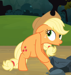 Size: 790x837 | Tagged: safe, screencap, applejack, earth pony, pony, g4, season 3, spike at your service, applejack's hat, belly, bipedal, bush, cowboy hat, cropped, female, floppy ears, flower, hat, looking back, mare, rock, silly, silly pony, solo, stuck, who's a silly pony
