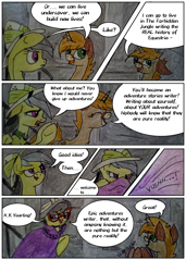 Size: 1422x2080 | Tagged: safe, artist:mysteriousshine, a.k. yearling, daring do, pegasus, pony, unicorn, comic:the children of the night, g4, cloak, clothes, comic, dialogue, disguise, female, glasses, hat, mare, onomatopoeia, pith helmet, raised hoof, traditional art