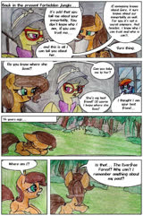 Size: 646x1011 | Tagged: safe, artist:mysteriousshine, a.k. yearling, daring do, rainbow dash, pegasus, pony, unicorn, comic:the children of the night, g4, cloak, clothes, comic, dialogue, female, forest, glasses, hat, mare, pith helmet, prone, sleeping, traditional art