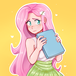 Size: 1024x1024 | Tagged: safe, artist:lorepeepsblue, fluttershy, human, equestria girls, g4, blushing, book, clothes, cute, female, heart, human coloration, humanized, pixiv, shyabetes, simple background, skirt, solo, white outline, yellow background