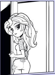 Size: 527x720 | Tagged: safe, artist:pencils, idw, sunset shimmer, equestria girls, equestria girls series, g4, spoiler:comic, spoiler:comicequestriagirlsmarchradness, ass, bunset shimmer, butt, clothes, female, lineart, looking back, solo