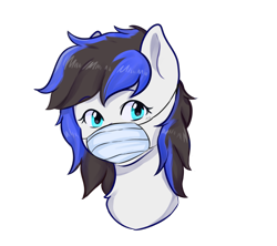Size: 1800x1600 | Tagged: safe, artist:poofindi, oc, oc only, oc:black ice, pony, bust, commission, coronavirus, covid-19, face mask, female, mare, mask, ppe, simple background, solo, surgical mask, transparent background, two toned mane, ych result