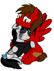 Size: 1200x1600 | Tagged: safe, artist:toyminator900, oc, oc only, oc:chip, oc:lightning dee, pegasus, pony, bow, choker, clothes, crying, duo, eyes closed, facial hair, female, folded wings, frown, long sleeves, makeup, male, mare, moustache, running makeup, sad, shirt, simple background, sitting, spiked choker, spiked wristband, spread wings, stallion, tail bow, transparent background, wings, wristband