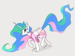 Size: 4364x3243 | Tagged: safe, artist:derpydash, derpibooru exclusive, princess celestia, alicorn, pony, g4, clothes, cute, cutelestia, ear fluff, female, gray background, high res, leg fluff, mare, onomatopoeia, see-through, simple background, solo, white background