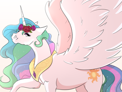 Size: 1358x1029 | Tagged: safe, artist:wilage, princess celestia, alicorn, pony, g4, cute, cutelestia, female, floral head wreath, flower, mare, simple background, solo, spread wings, white background, wings