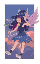 Size: 876x1374 | Tagged: safe, artist:wilage, tree of harmony, twilight sparkle, alicorn, human, g4, abstract background, cloud, cute, cutie mark, eyebrows, eyebrows visible through hair, female, flying, hat, humanized, sky, solo, spread wings, staff, star swirl the bearded costume, twiabetes, twilight sparkle (alicorn), winged humanization, wings, wizard hat