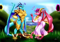 Size: 1600x1133 | Tagged: safe, artist:bludraconoid, princess ember, dragon, g4, clothes, commission, crossover, dragon armor, dress, ember (spyro), female, grass, portal, sky