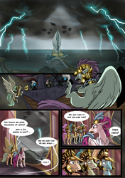 Size: 3541x5016 | Tagged: safe, artist:alexvanarsdale, artist:lummh, queen novo, hippogriff, storm creature, comic:twist of faith, g4, my little pony: the movie, absurd resolution, airship, armor, background hippogriff, comic, female, fight, lightning, male, mount aris, overcast, speech bubble, storm, storm guard, storm king's emblem, storm king's ship, wings