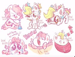 Size: 2144x1625 | Tagged: safe, artist:virtualkidavenue, oc, oc only, bat pony, pegasus, pony, baby, baby pony, colt, crying, cute, erlenmeyer flask, female, filly, foal, freckles, male, ocbetes, onomatopoeia, safety pin, sound effects, swaddling, yawn, zzz