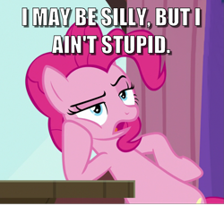 Size: 1183x1089 | Tagged: safe, edit, edited screencap, screencap, pinkie pie, earth pony, pony, a trivial pursuit, g4, caption, cropped, female, image macro, leaning, meme, solo, text