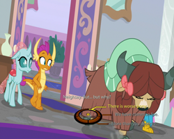 Size: 750x600 | Tagged: safe, edit, edited screencap, editor:korora, screencap, ocellus, smolder, yona, changedling, changeling, dragon, griffon, yak, g4, school raze, bow, cloven hooves, dialogue wheel, dragoness, eyes closed, female, hair bow, implied chancellor neighsay, implied cozy glow, looking down, male, mass effect, monkey swings, school of friendship, wrong aspect ratio