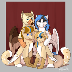 Size: 2500x2500 | Tagged: safe, artist:scruffasus, oc, oc:bolton, oc:kezzie, oc:quill (kezter), oc:quinn (bolton), griffon, hippogriff, pegasus, pony, bolzie, family, family photo, high res, shipping