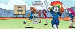 Size: 1134x441 | Tagged: safe, artist:pencils, edit, idw, official comic, auburn radiance, caught cold, pinkie pie, rainbow dash, sunset shimmer, wisteria whistle, equestria girls, g4, spoiler:comic, spoiler:comicequestriagirlsmarchradness, clothes, football, shoes, soccer shoes, spanish, sports