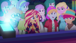 Size: 1920x1080 | Tagged: safe, screencap, aqua blossom, bon bon, fry lilac, hunter hedge, lyra heartstrings, sandy cerise, scribble dee, snow flower, sunset shimmer, sweetie drops, wallflower blush, human, equestria girls, equestria girls specials, g4, my little pony equestria girls: better together, my little pony equestria girls: sunset's backstage pass, backwards ballcap, baseball cap, cap, clothes, cute, excited, female, geode of empathy, glasses, happy, hat, magical geodes, male, music festival outfit, overall shorts, overalls, panama hat, scribblebetes, stage, stage light