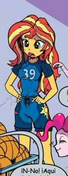 Size: 202x521 | Tagged: safe, artist:pencils, pinkie pie, sunset shimmer, equestria girls, g4, idw, spoiler:comic, spoiler:comicequestriagirlsmarchradness, basketball, clothes, cute, female, shimmerbetes, shorts, sports, uniform, watermark