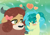 Size: 1412x992 | Tagged: safe, artist:purfectprincessgirl, sandbar, yona, earth pony, pony, yak, g4, abstract background, blushing, bow, cloven hooves, commission, cute, duo, duo male and female, female, floating heart, hair bow, heart, holding hooves, interspecies, larger female, lidded eyes, looking at each other, male, monkey swings, sandabetes, ship:yonabar, shipping, size difference, smaller male, smiling, straight, yonadorable