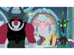 Size: 320x240 | Tagged: safe, screencap, cozy glow, lord tirek, queen chrysalis, alicorn, centaur, changeling, changeling queen, pony, g4, the ending of the end, alicornified, animated, antagonist, belly, canterlot, cozycorn, evil laugh, female, gif, laughing, legion of doom, race swap, villains of equestria