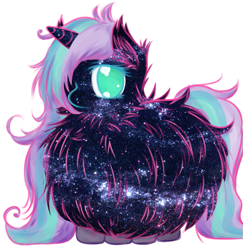 Size: 961x988 | Tagged: safe, artist:homumu, oc, oc only, oc:andromeda, pony, unicorn, chest fluff, ear fluff, female, fluffy, hair over one eye, horn, mare, messy mane, no pupils, simple background, solo, starry hair, unicorn oc, white background