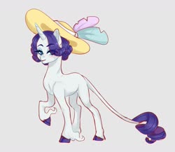 Size: 2000x1732 | Tagged: safe, artist:aylufujo, rarity, classical unicorn, pony, unicorn, g4, cloven hooves, eye clipping through hair, female, gray background, hat, horn, leonine tail, lipstick, looking at you, mare, missing cutie mark, raised hoof, simple background, smiling, solo, unshorn fetlocks
