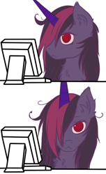 Size: 520x853 | Tagged: safe, artist:homumu, oc, oc:patchouli kush, alicorn, pony, alicorn oc, bust, comic, computer, duo, ear fluff, female, hair over one eye, horn, looking at you, mare, messy mane