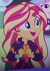 Size: 449x639 | Tagged: safe, screencap, aqua blossom, snow flower, sunset shimmer, equestria girls, equestria girls specials, g4, my little pony equestria girls: better together, my little pony equestria girls: sunset's backstage pass, clothes, cropped, cute, female, geode of empathy, jacket, magical geodes, music festival outfit, shimmerbetes