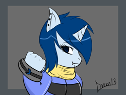 Size: 1024x768 | Tagged: safe, artist:crescentpony, oc, oc only, oc:crescent moon, unicorn, anthro, abstract background, clothes, ear piercing, female, fist bump, horn, piercing, scarf, signature, solo, unicorn oc