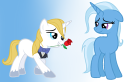 Size: 854x560 | Tagged: safe, artist:bobtailcat, prince blueblood, trixie, g4, female, flower, flower in mouth, male, mouth hold, rose, ship:bluetrix, shipping, straight