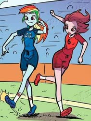 Size: 372x491 | Tagged: safe, artist:pencils, idw, official comic, auburn radiance, rainbow dash, equestria girls, g4, spoiler:comic, spoiler:comicequestriagirlsmarchradness, background human, clothes, football, shoes, soccer shoes, sports, uniform, watermark