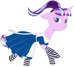 Size: 3450x3120 | Tagged: safe, artist:kaukanghong, derpibooru exclusive, starlight glimmer, pony, unicorn, g4, alice in wonderland, clothes, dress, female, high res, looking back, mare, ribbon, running, simple background, socks, solo, striped socks, transparent background