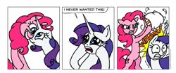 Size: 995x416 | Tagged: safe, artist:gingerfoxy, artist:thorned rose ninja, pinkie pie, rarity, earth pony, pony, unicorn, pony comic generator, g4, comic, crazy face, faic, horn, long horn, pillow, pillow fight