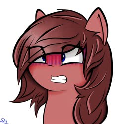 Size: 2000x2000 | Tagged: safe, artist:drawalaverr, derpibooru exclusive, oc, oc only, earth pony, pony, blushing, bust, eye clipping through hair, female, high res, mare, no nose, portrait, scared, shrunken pupils, simple background, solo, white background