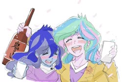 Size: 1279x867 | Tagged: safe, artist:5mmumm5, princess celestia, princess luna, principal celestia, vice principal luna, equestria girls, g4, alcohol, blushing, cherry blossoms, clothes, cup, cutie mark, cutie mark on clothes, drunk, drunk luna, drunklestia, female, flower, flower blossom, flower petals, japanese, sake, siblings, simple background, sisters, white background