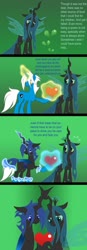 Size: 447x1280 | Tagged: safe, artist:somashield, queen chrysalis, oc, oc:soma, changeling, changeling queen, pony, unicorn, g4, a better ending for chrysalis, blue changeling, canon x oc, changelingified, comic, digital art, female, horn, male, species swap, text, transformation, wings