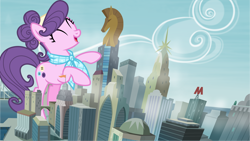 Size: 7680x4320 | Tagged: safe, artist:abion47, artist:melisareb, artist:thegiantponyfan, suri polomare, earth pony, pony, g4, absurd resolution, bipedal, city, cityscape, crystaller building, eyes closed, female, giant pony, giantess, highrise ponies, macro, manehattan, mare, mega giant, rearing