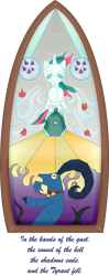 Size: 941x2370 | Tagged: safe, artist:maretrick, grogar, gusty, gusty the great, pony, sheep, unicorn, g4, bell, duo, epitaph, female, grogar's bell, male, mare, ram, simple background, stained glass, transparent background