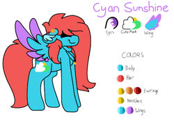 Size: 616x445 | Tagged: safe, artist:tater, oc, oc only, oc:cyan sunshine, pegasus, pony, ear piercing, earring, female, floppy ears, jewelry, necklace, pegasus oc, piercing, reference sheet, smiling, solo, two toned wings, wings