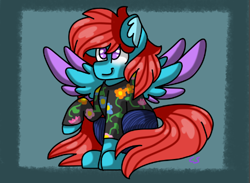 Size: 499x366 | Tagged: safe, artist:tater, oc, oc only, oc:cyan sunshine, pegasus, pony, clothes, female, pegasus oc, raised hoof, solo, two toned wings, wings