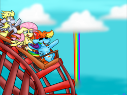 Size: 1064x796 | Tagged: safe, artist:tater, fluttershy, rainbow dash, pegasus, pony, g4, chest fluff, cloud, floppy ears, hooves in air, rainbow, roller coaster, tongue out