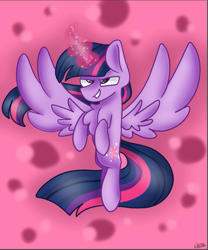Size: 669x804 | Tagged: safe, artist:tater, twilight sparkle, alicorn, pony, g4, abstract background, chest fluff, female, flying, glowing horn, horn, solo, twilight sparkle (alicorn)