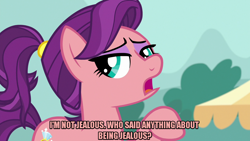 Size: 1280x720 | Tagged: safe, edit, edited screencap, screencap, spoiled rich, earth pony, pony, g4, where the apple lies, caption, eyeshadow, female, image macro, jealous, makeup, mare, meme, ponytail, spoiled milk, text, younger