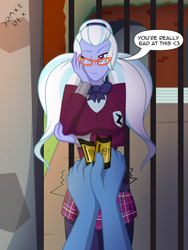 Size: 1500x2000 | Tagged: safe, artist:drake-rex, sugarcoat, equestria girls, g4, bowtie, breasts, busty sugarcoat, clothes, commission, female, glasses, looking at you, male, male pov, offscreen character, one eye closed, pleated skirt, pov, rammstein, school uniform, shadowbolts, skirt, text