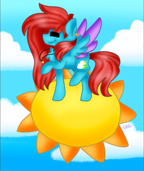 Size: 673x796 | Tagged: safe, artist:tater, oc, oc only, oc:cyan sunshine, pegasus, pony, ear piercing, earring, eyes closed, female, jewelry, necklace, pegasus oc, piercing, redraw, sky, solo, song reference, sun, tangible heavenly object, trotting, two toned wings, walking on sunshine, wings