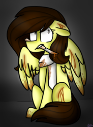Size: 582x795 | Tagged: safe, artist:tater, oc, oc only, oc:white hershey, pegasus, pony, chocolate, clothes, female, floppy ears, food, knife, misleading thumbnail, mouth hold, pegasus oc, scarf, shrunken pupils, sitting, solo, wings