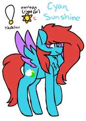 Size: 564x797 | Tagged: safe, artist:tater, oc, oc only, oc:cyan sunshine, pegasus, pony, chest fluff, ear piercing, earring, female, jewelry, necklace, no pupils, pegasus oc, piercing, reference sheet, smiling, solo, two toned wings, wings