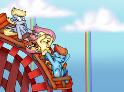 Size: 1024x767 | Tagged: safe, artist:tater, fluttershy, rainbow dash, pegasus, pony, g4, chest fluff, cloud, covering eyes, floppy ears, hooves in air, rainbow, redraw, roller coaster, tongue out