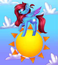 Size: 681x767 | Tagged: safe, artist:tater, oc, oc only, oc:cyan sunshine, pegasus, pony, cheek fluff, chest fluff, female, pegasus oc, redraw, sky, solo, song reference, sun, tangible heavenly object, trotting, two toned wings, walking on sunshine, wings