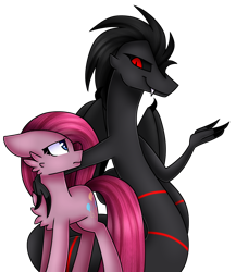 Size: 1280x1476 | Tagged: safe, artist:tater, pinkie pie, oc, oc:plague, earth pony, original species, pony, comic:the six-winged serpent, g4, black sclera, cheek fluff, chest fluff, claws, duo, fangs, oc villain, pinkamena diane pie, red eyes, simple background, transparent background, wings