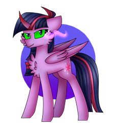 Size: 772x840 | Tagged: safe, artist:tater, twilight sparkle, alicorn, pony, g4, cheek fluff, chest fluff, circle background, colored horn, corrupted twilight sparkle, curved horn, dark magic, female, floppy ears, glowing eyes, grin, horn, magic, mare, mind control, simple background, smiling, solo, sombra eyes, sombra horn, sombrafied, stray strand, transparent background, twilight sparkle (alicorn)